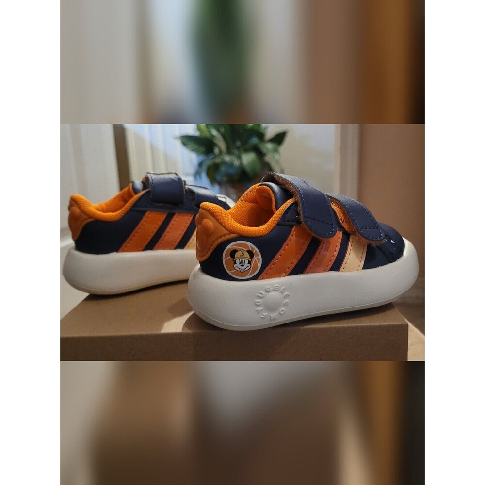 Adidas Mickey Court Kids Navy & Orange Velcro Sneakers with Character Patch